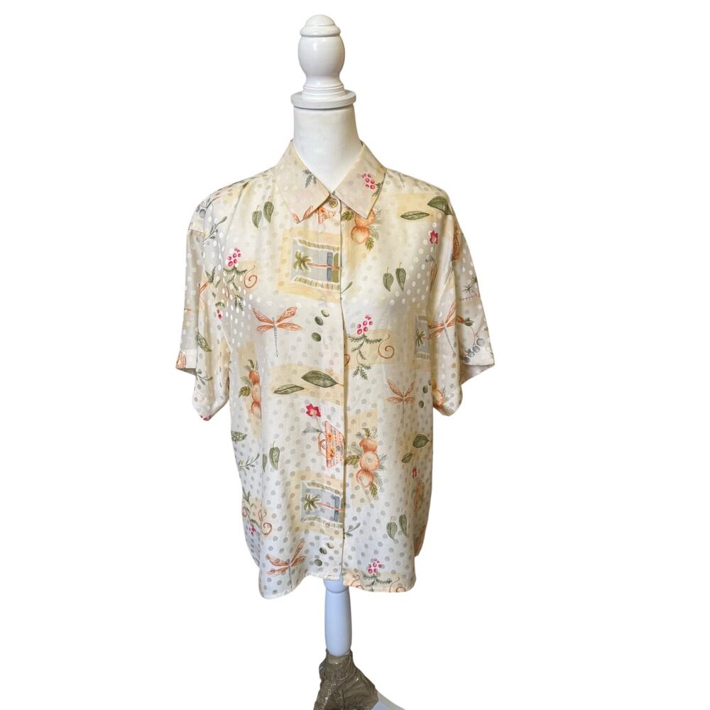 MAGGY LONDON VINTAGE WOMENS SIZE 14 100% SILK DRAGONFLY BUTTON UP